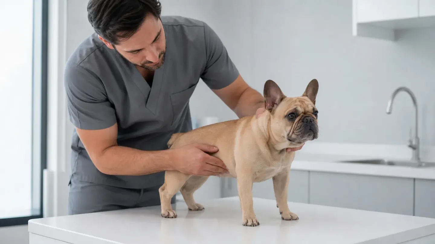 Veterinarian examining a French Bulldog to assess safe diet and pancreatitis risks.