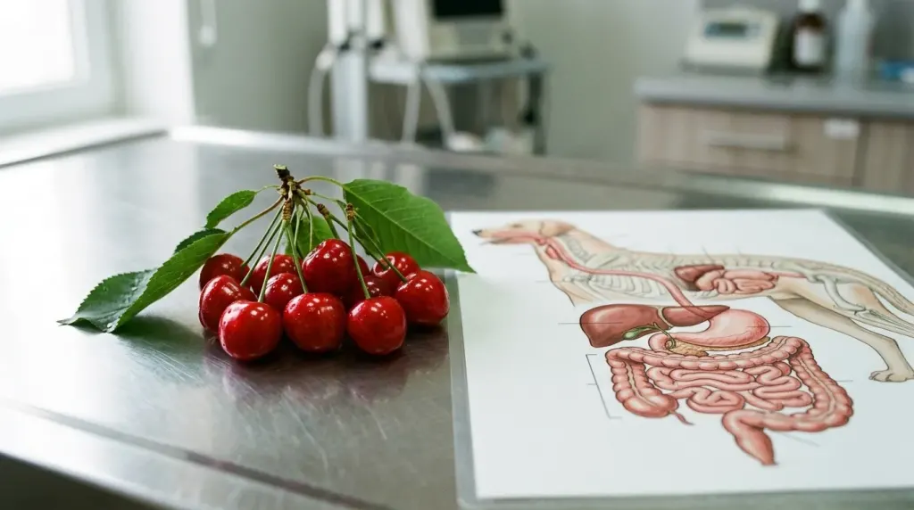 Fresh cherries with stems next to a veterinary anatomy guide explaining pit risks.