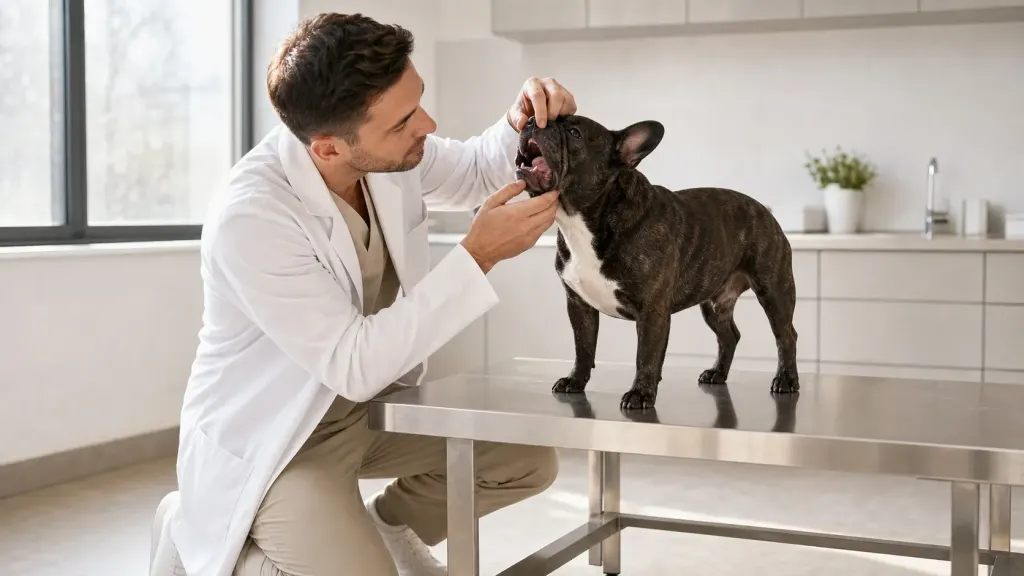 A veterinarian examining a French Bulldog's airway and mouth during a health exam.
