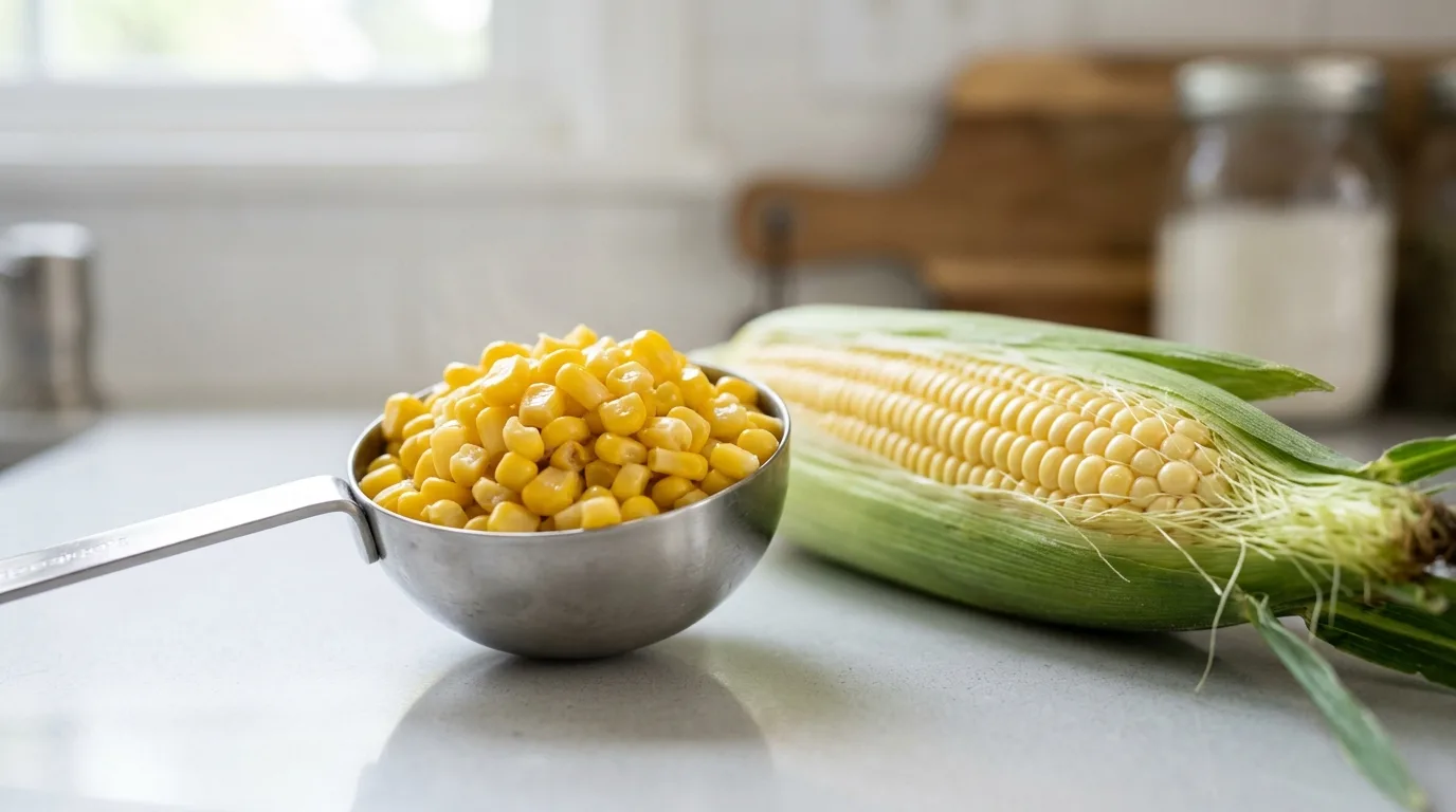 Close-up of safe cooked yellow corn kernels measured out for a French Bulldog snack.