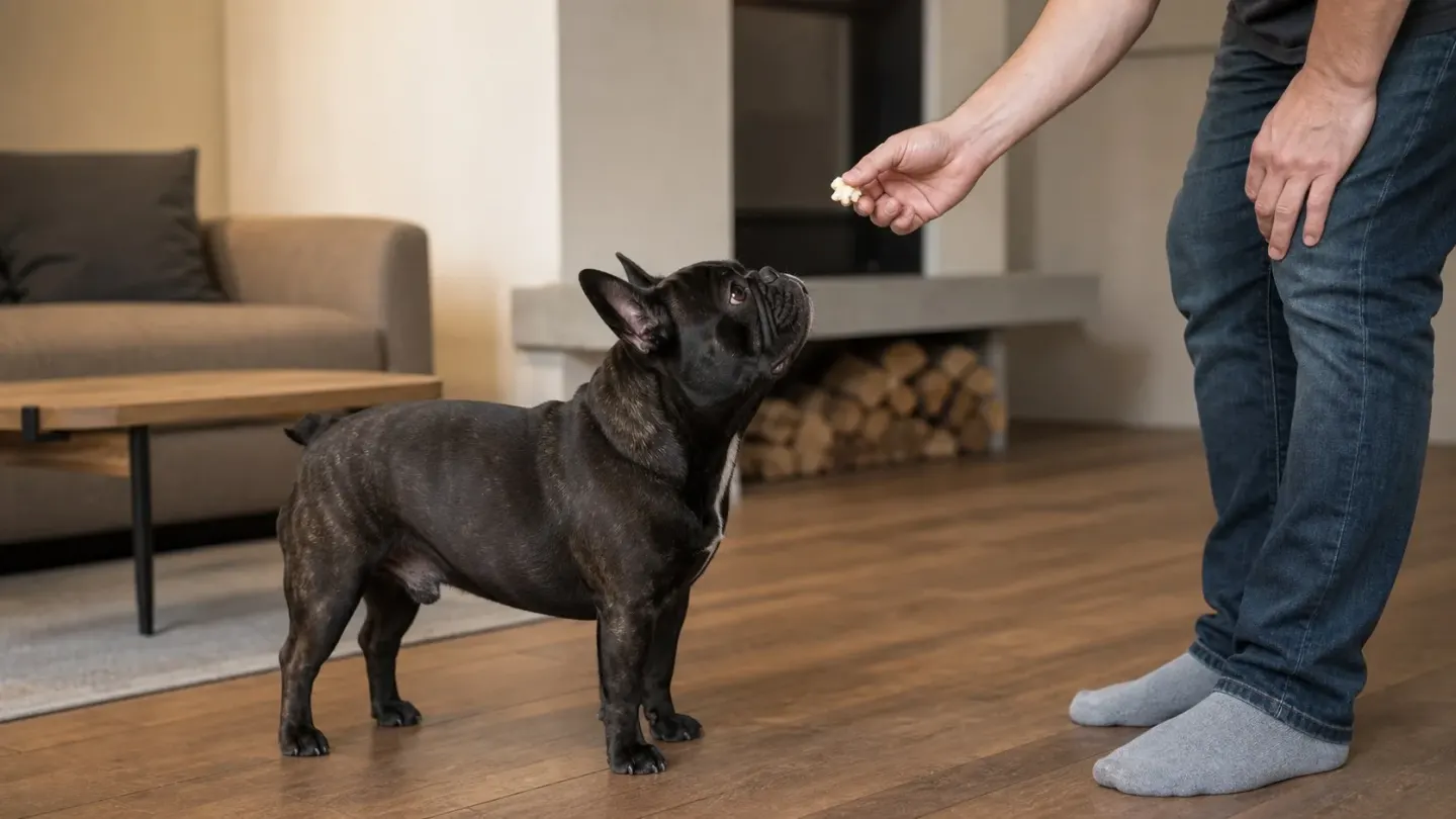 French Bulldog looking up at a piece of plain air-popped safe popcorn treat.