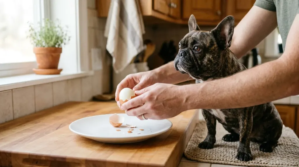 A French Bulldog watching a hard-boiled egg being peeled and prepared without any seasonings.