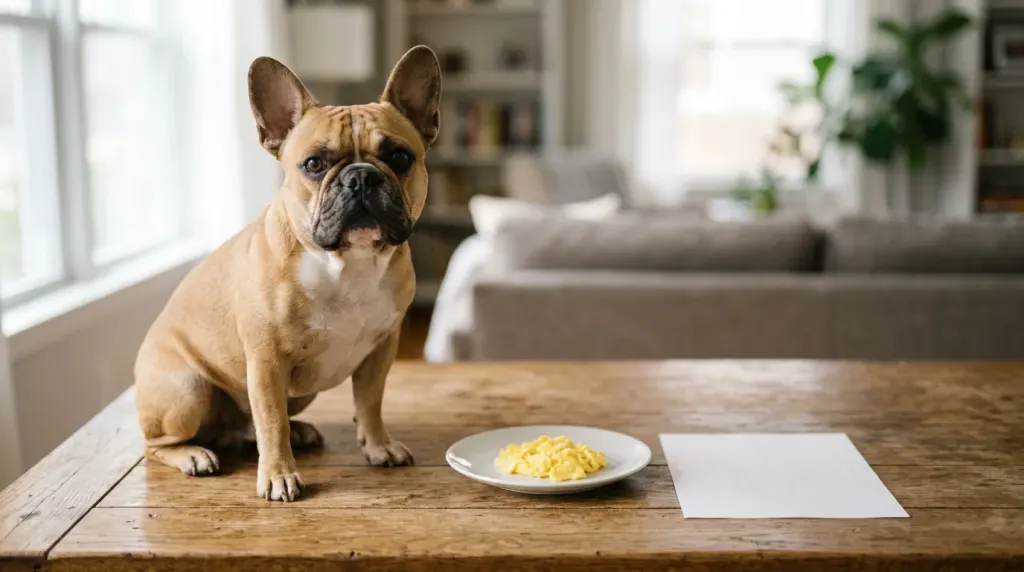 A French Bulldog sitting next to a small piece of cooked egg prepared as a treat alongside a feeding guide.