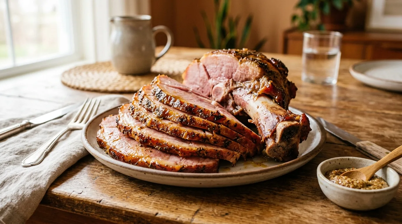 A plate of glazed ham and a cooked ham bone on a dining table, illustrating ingredients that are unsafe for French Bulldogs.
