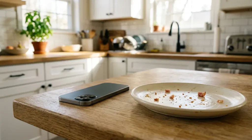 A smartphone prepared to call a veterinarian after a dog has eaten ham from a plate.