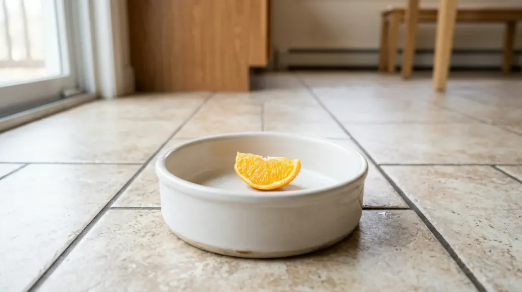 A small, seedless segment of orange flesh served in a dog bowl.