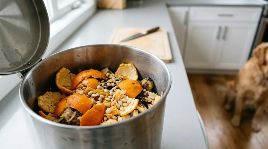 Discarded orange peels and seeds kept safely away from pets in a kitchen compost bin.