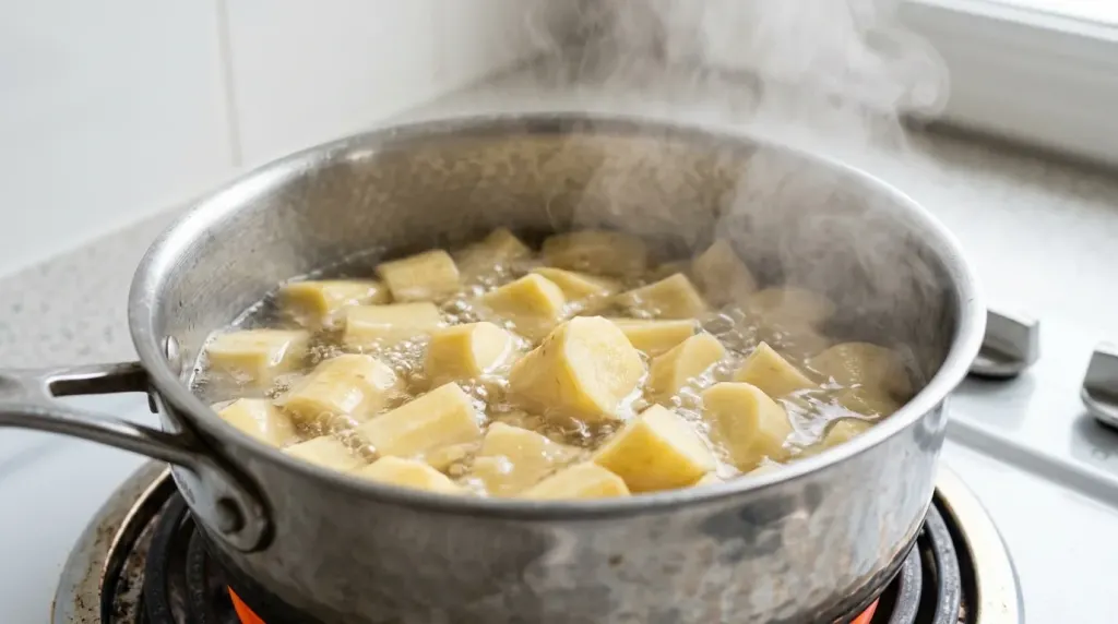 Small pieces of parsnip boiling in a pot of water on a stove.