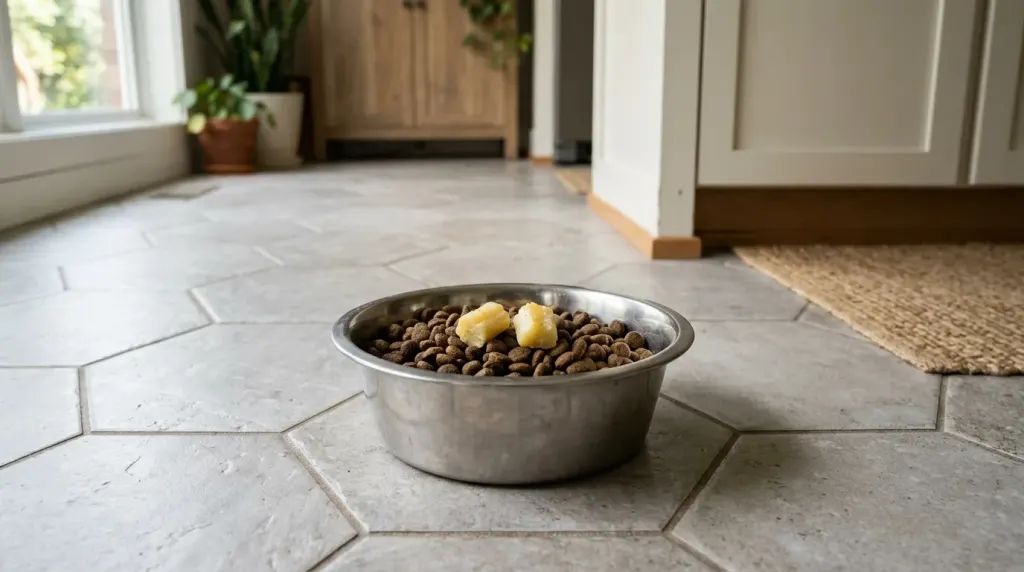 A dog food bowl with kibble and a small portion of cooked parsnip chunks.