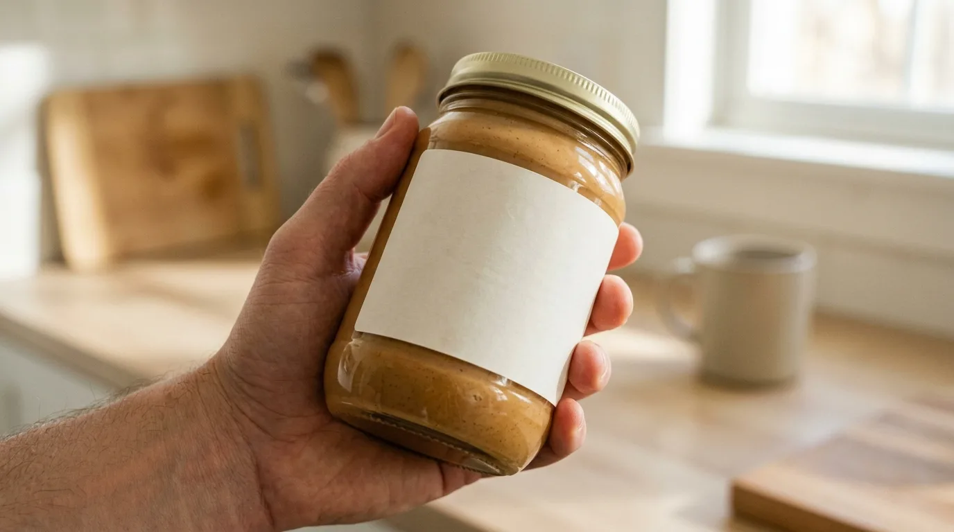 A person reading the ingredient label on the back of a peanut butter jar to check for safe ingredients.