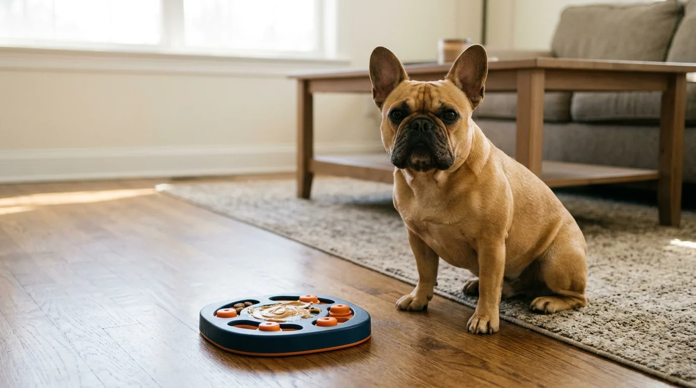 A puzzle toy prepared with a small smear of peanut butter for a French Bulldog to use during training.