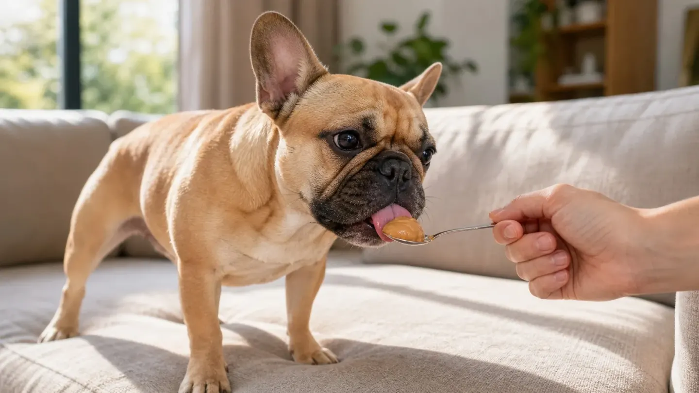 A French Bulldog receiving a small measured portion of peanut butter from a spoon.