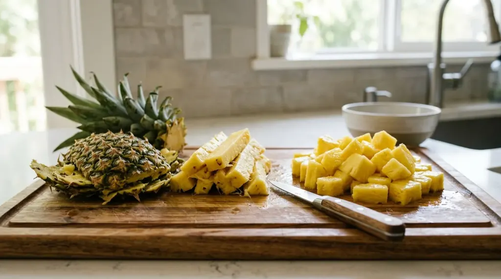 Fresh pineapple being prepared on a cutting board with the skin and core removed.