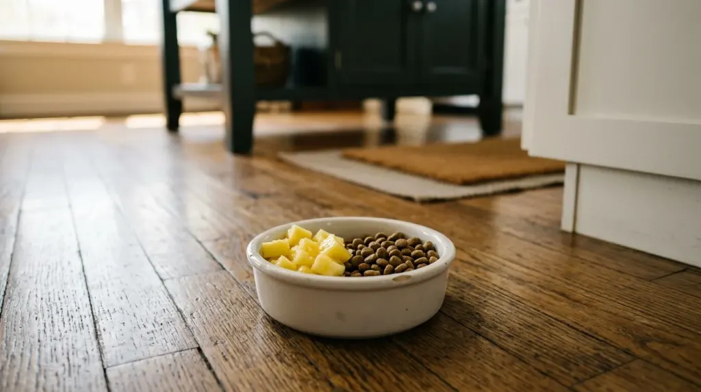 A dog bowl showing a small portion of diced pineapple next to regular dog kibble.