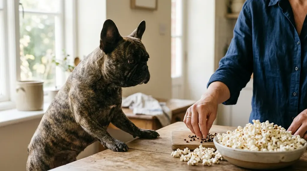 A French Bulldog watching its owner sort out unpopped kernels from plain popcorn.
