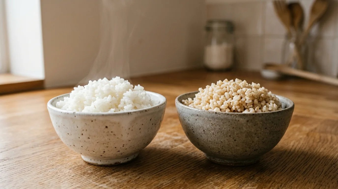 Comparison of plain cooked white rice and brown rice for dogs in ceramic bowls.