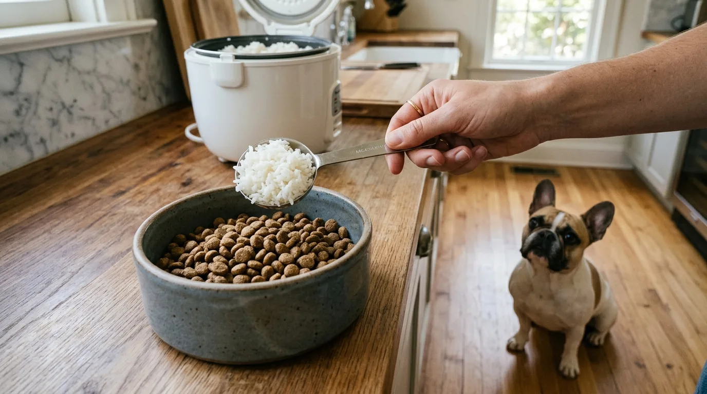 A small measured portion of white rice being added to a French Bulldog's dry dog food