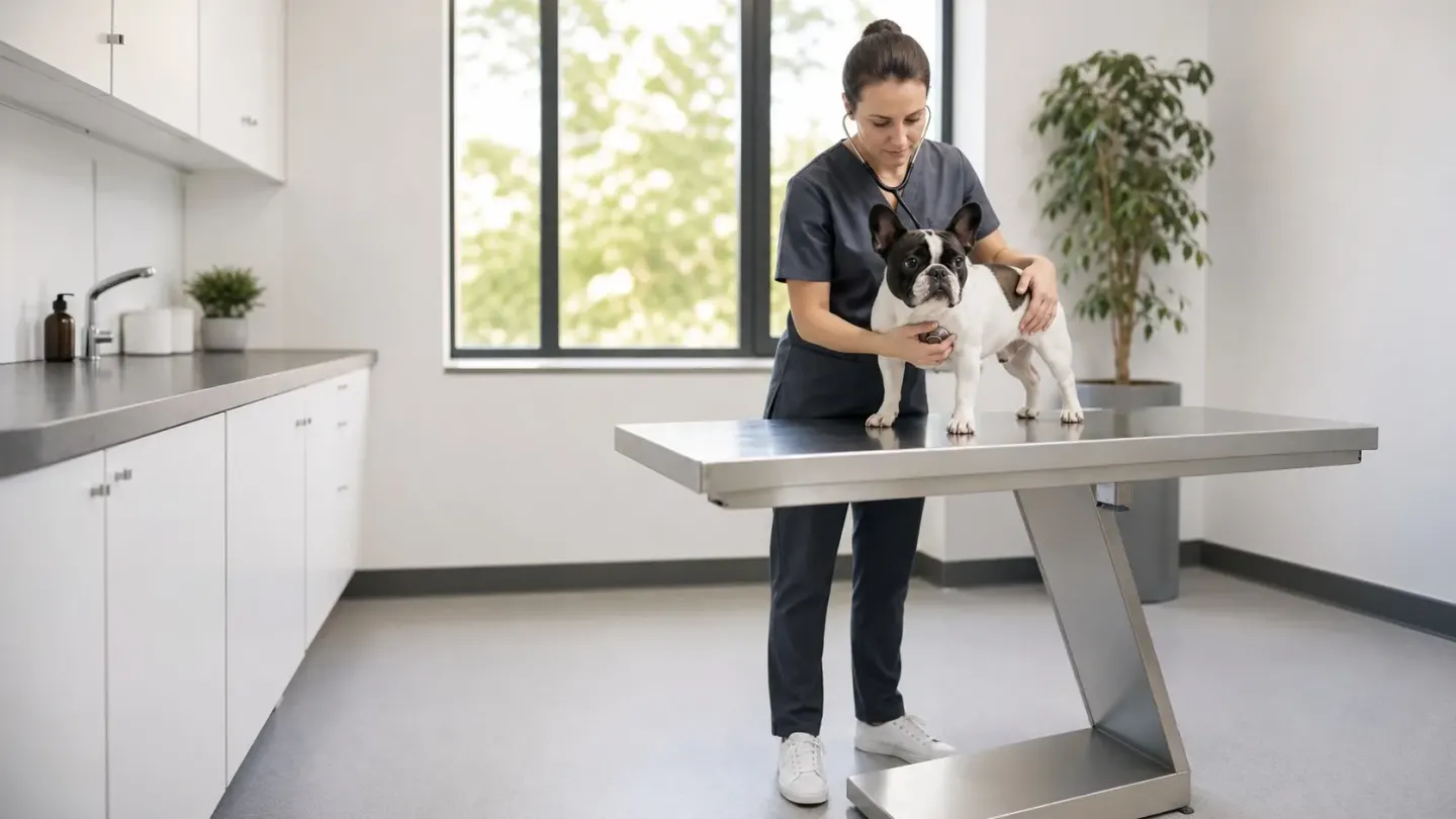 A veterinarian examining a French Bulldog during a dietary health check.