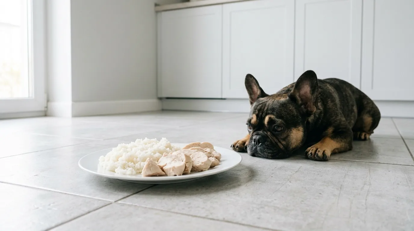 A bland diet meal of plain white rice and boiled chicken breast for a sick French Bulldog
