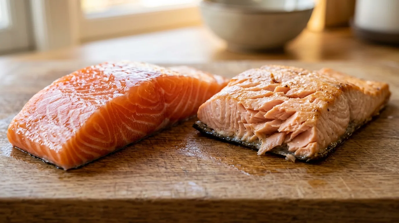 Comparison of raw salmon and fully cooked salmon for dog feeding safety