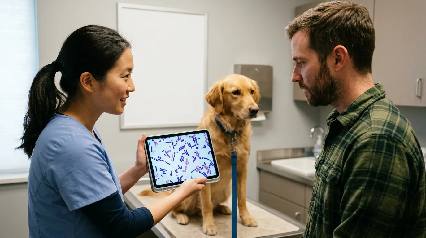 A veterinarian explaining salmon poisoning disease to a dog owner in a clinic.