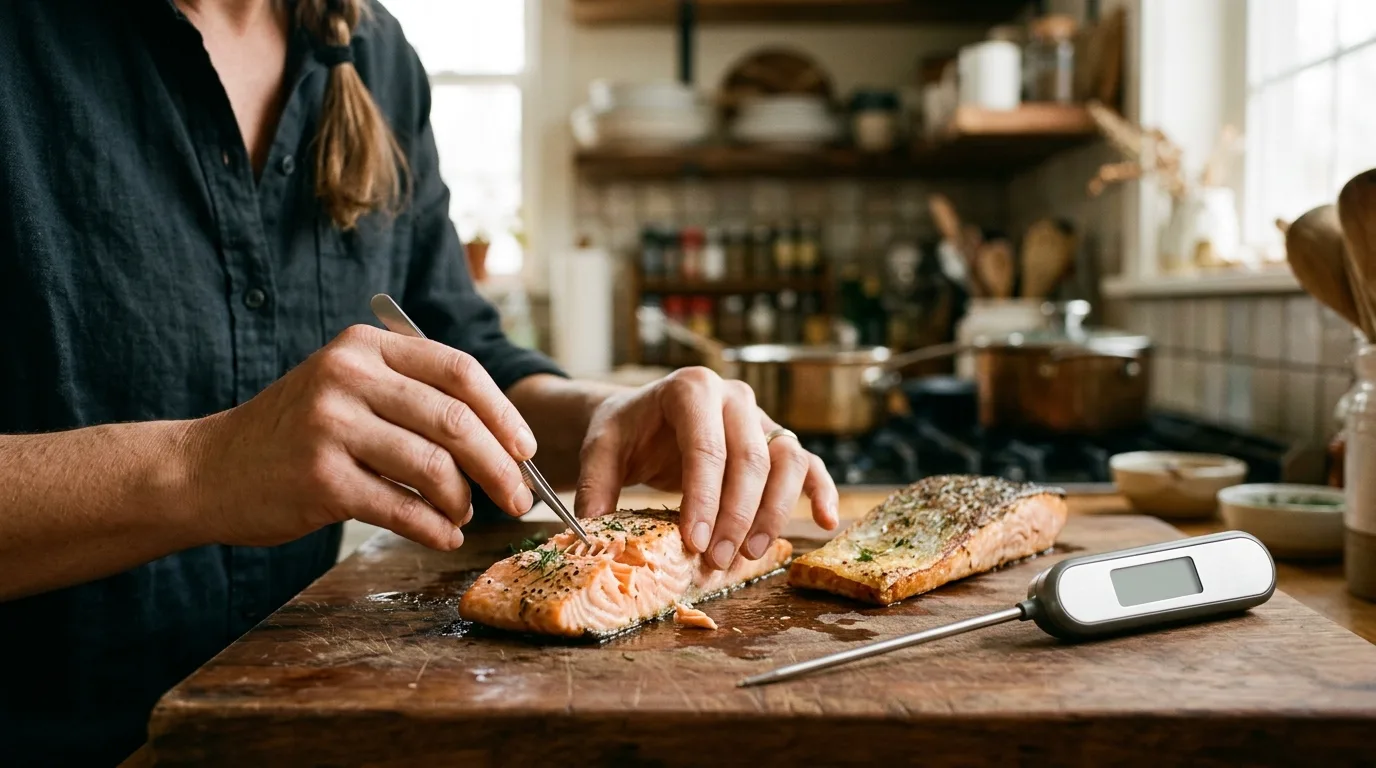 Hands removing bones from cooked salmon with a thermometer reading 140 degrees nearby to ensure safe preparation.