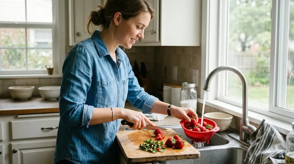 A person washing and removing the green leaves from strawberries.
