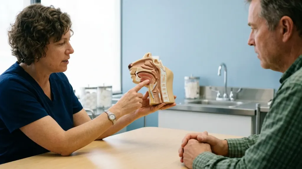 A veterinarian explaining the short airway structure of a French Bulldog using an anatomical model.