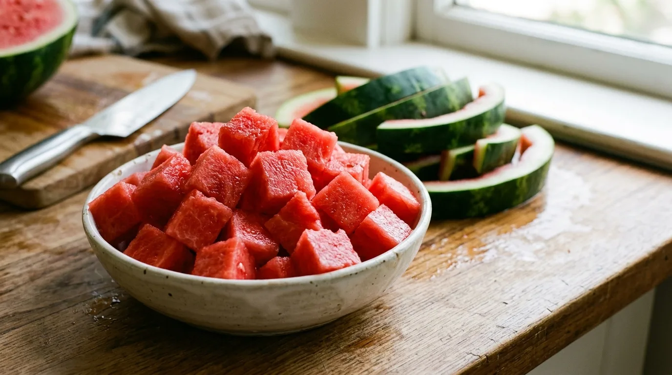 Seedless watermelon cubes separated from the green rind and seeds on a kitchen counter.