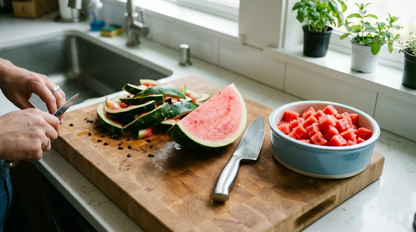 Watermelon rind and seeds removed from the flesh to prepare a safe dog treat.