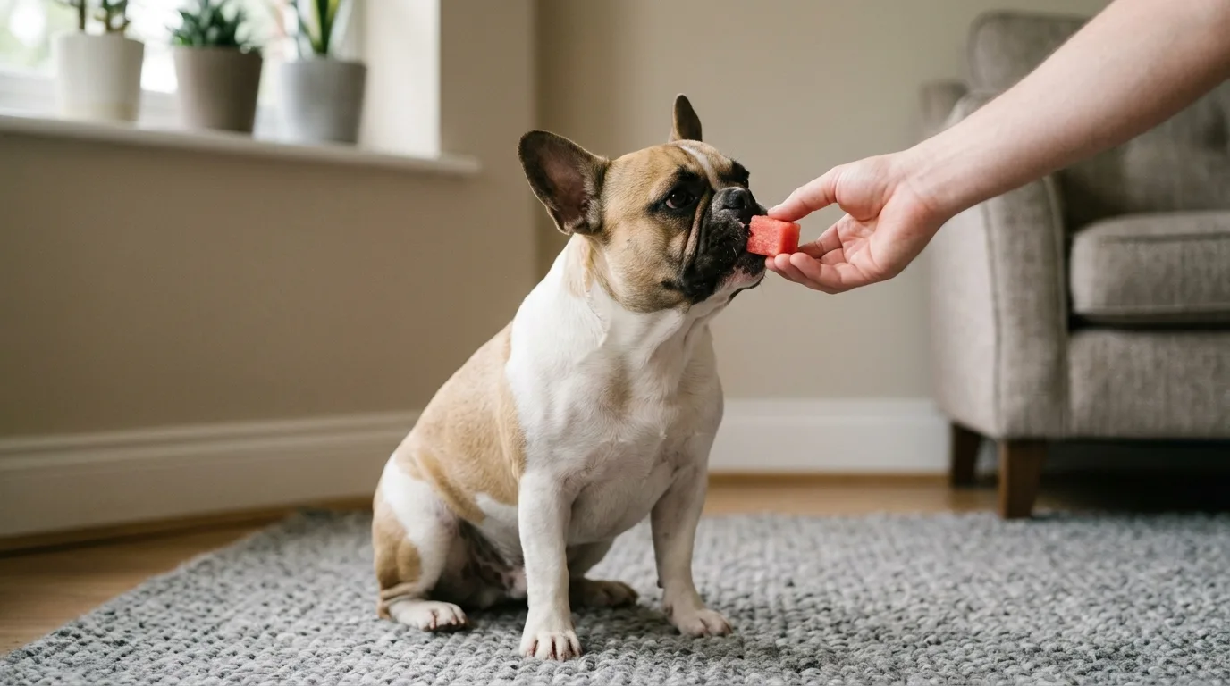 Hand feeding a small bite-sized seedless watermelon cube to a French Bulldog.
