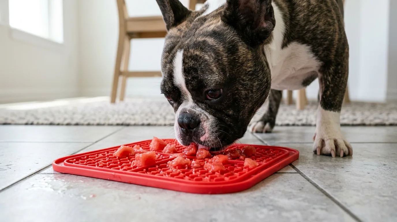 Using a lick mat to slow down a French Bulldog eating watermelon.