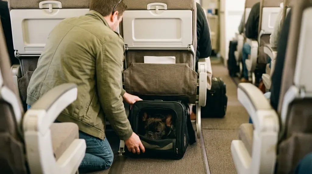 A soft-sided pet travel carrier stowed securely beneath an airplane passenger seat.