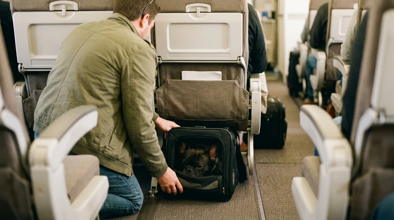 A French Bulldog resting inside an approved carrier that fits under an airplane passenger seat.
