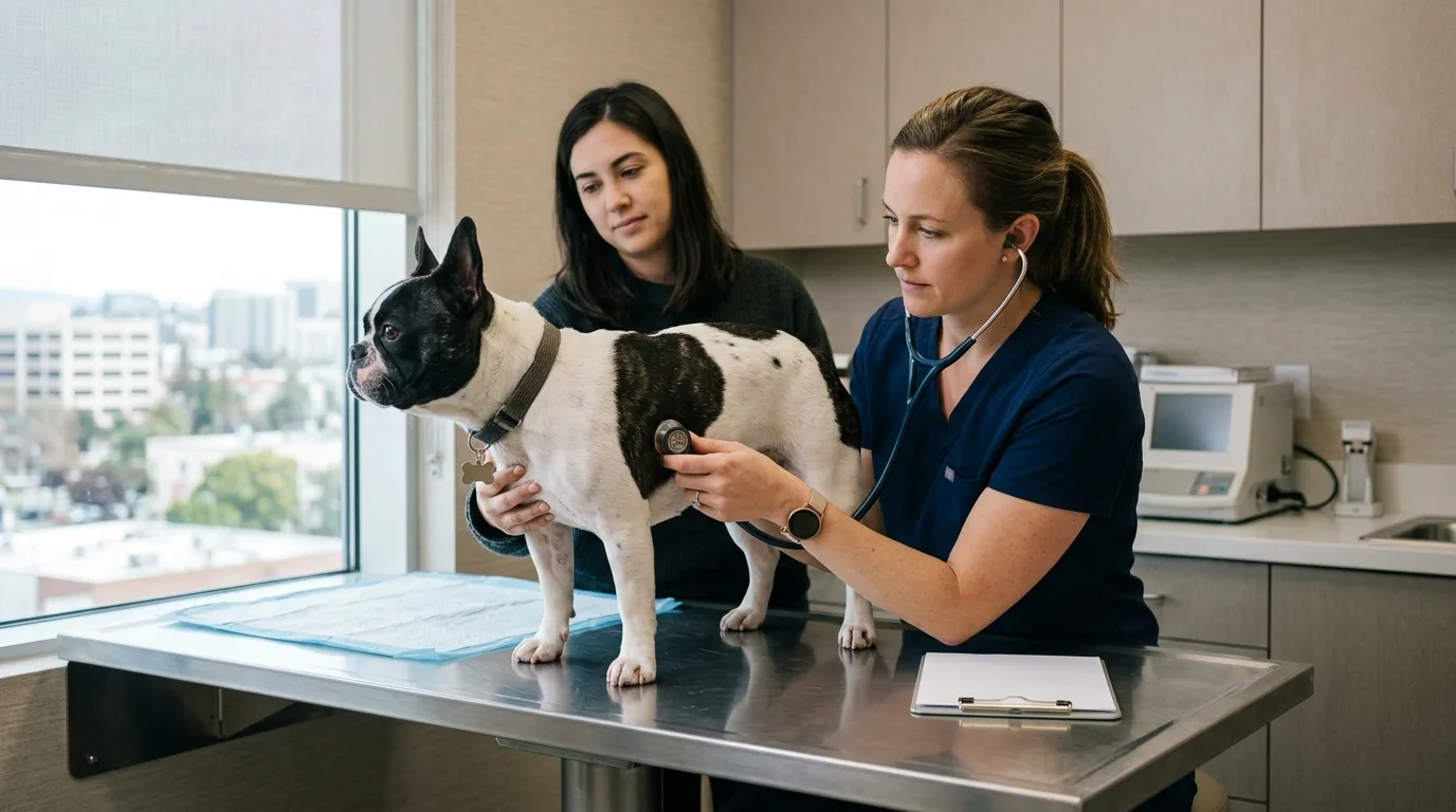A veterinarian examining a French Bulldog's breathing before clearing them for air travel.