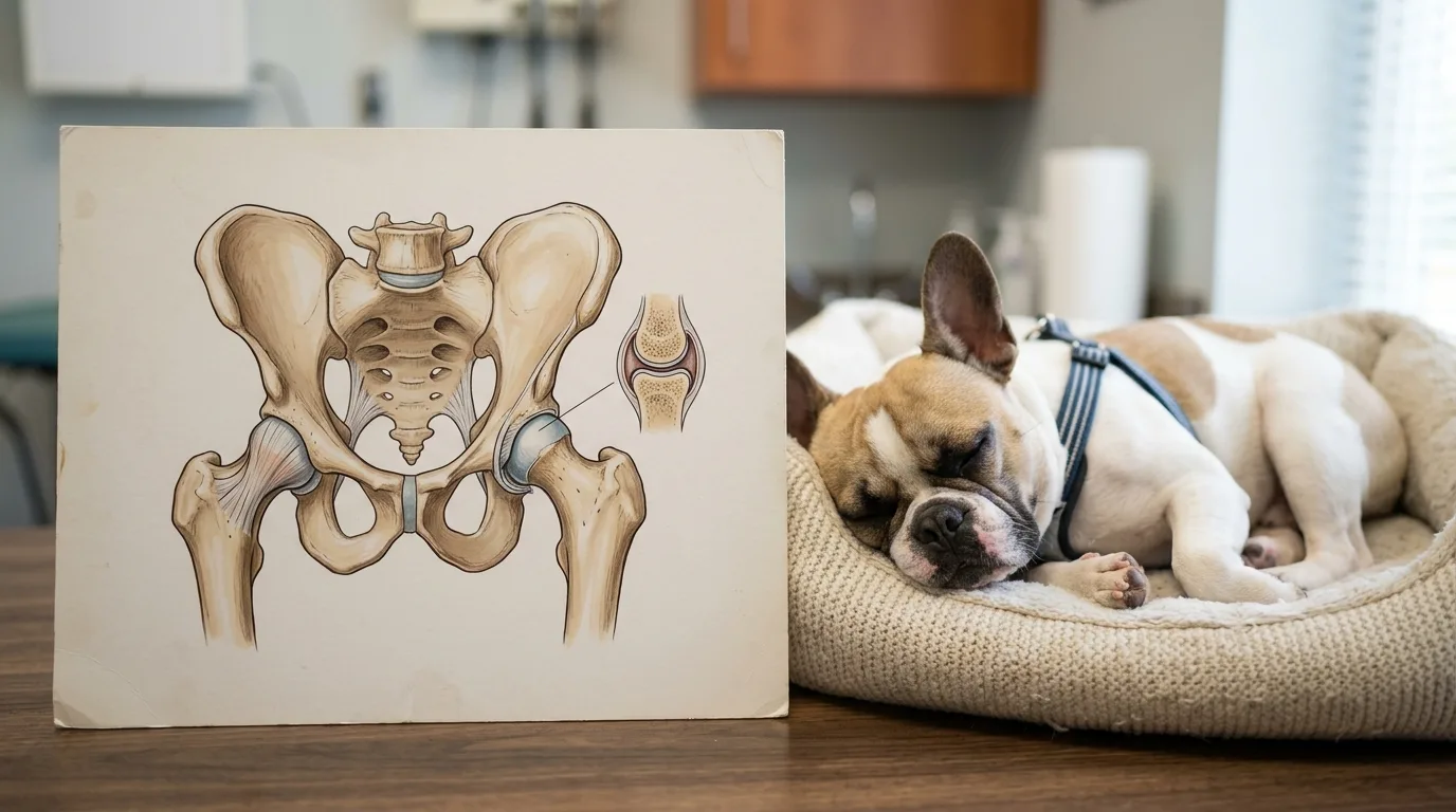 A French Bulldog resting while a printed chart shows canine reproductive anatomical structure.