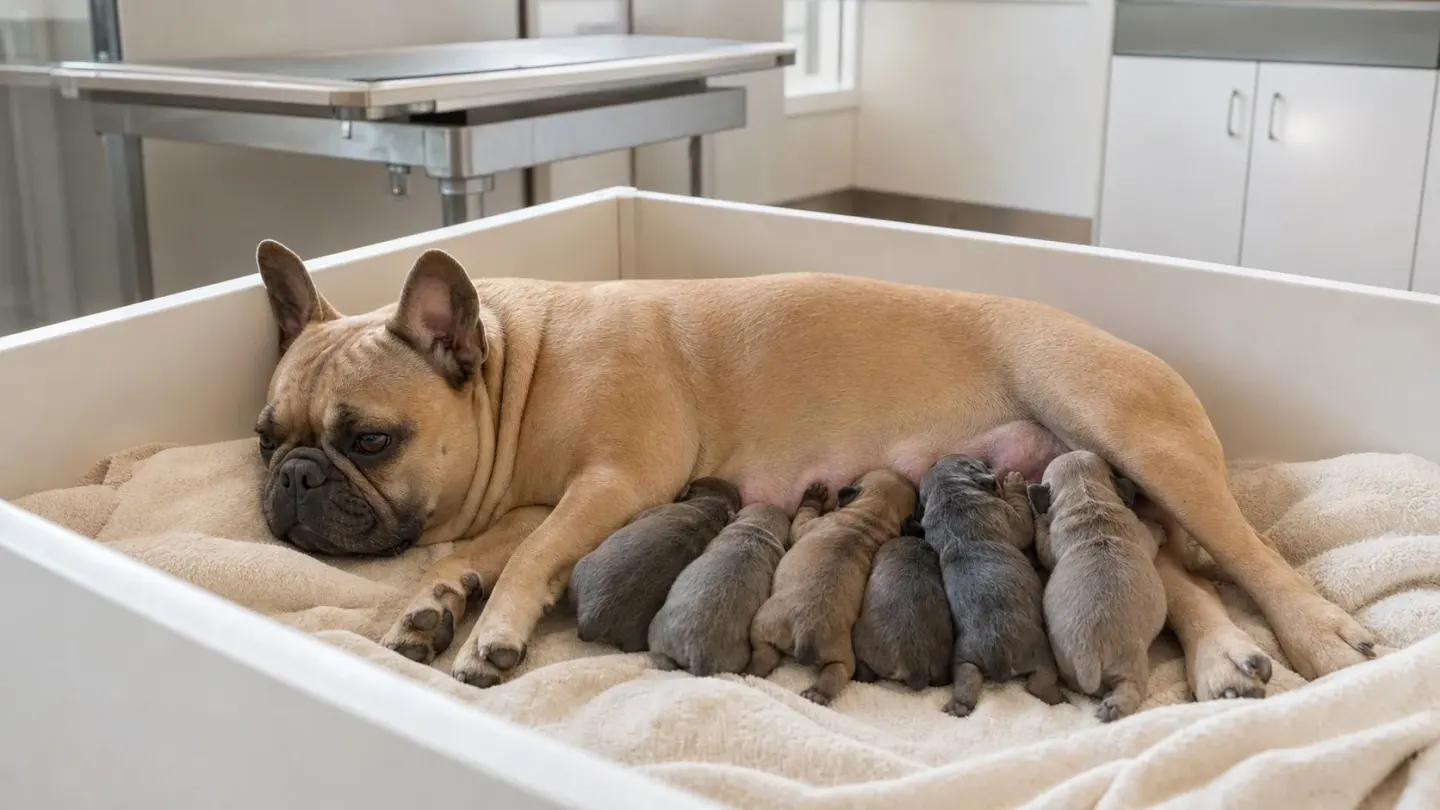 A mother French Bulldog caring for her newborn litter after a successful delivery.
