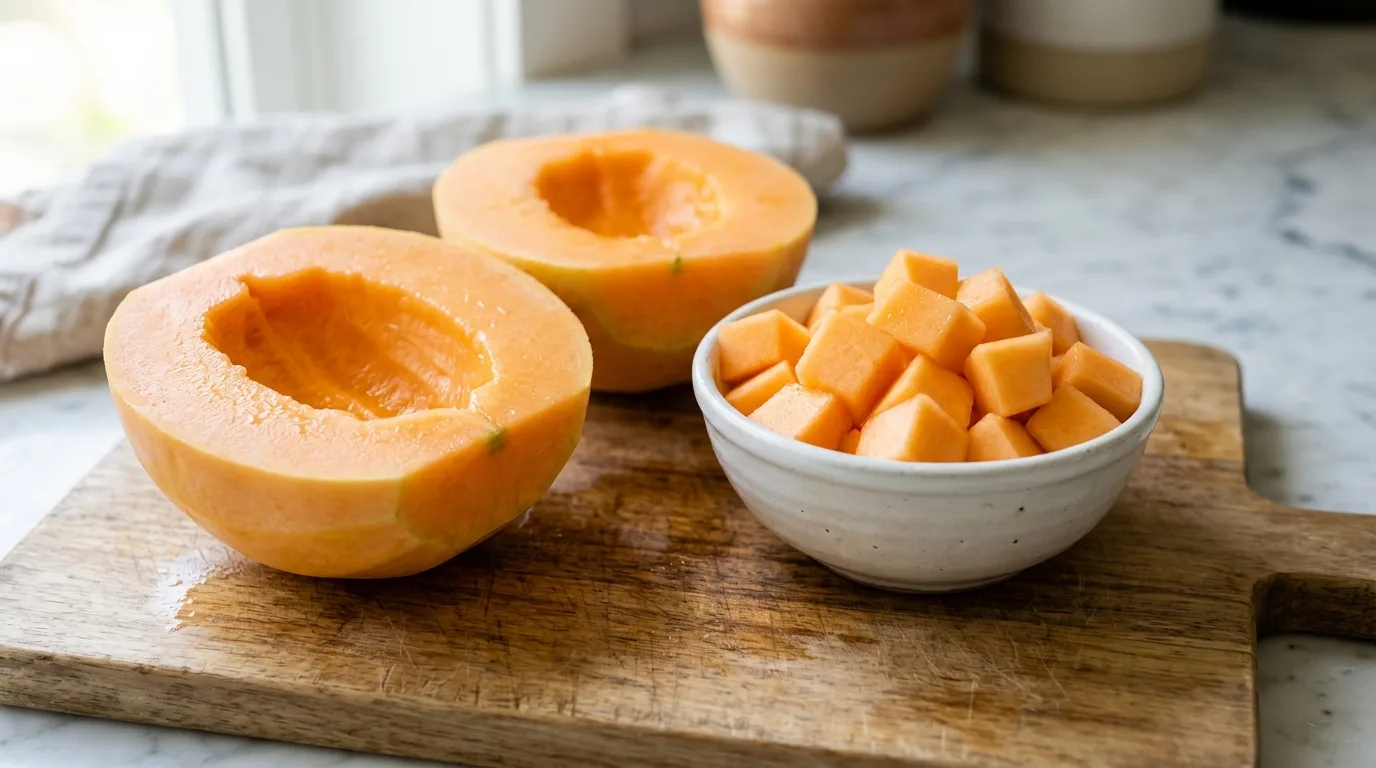 Freshly prepared cantaloupe cubes with seeds and rind removed on a kitchen cutting board.