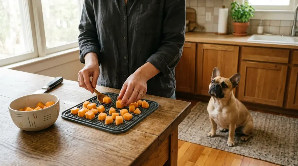 A cutting board displaying removed cantaloupe rinds and seeds separated from safe, bite-sized melon chunks.