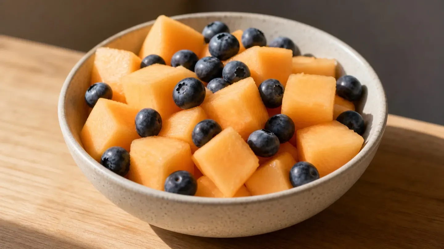 A bowl containing cantaloupe cubes and blueberries as safe fruit treats for dogs.