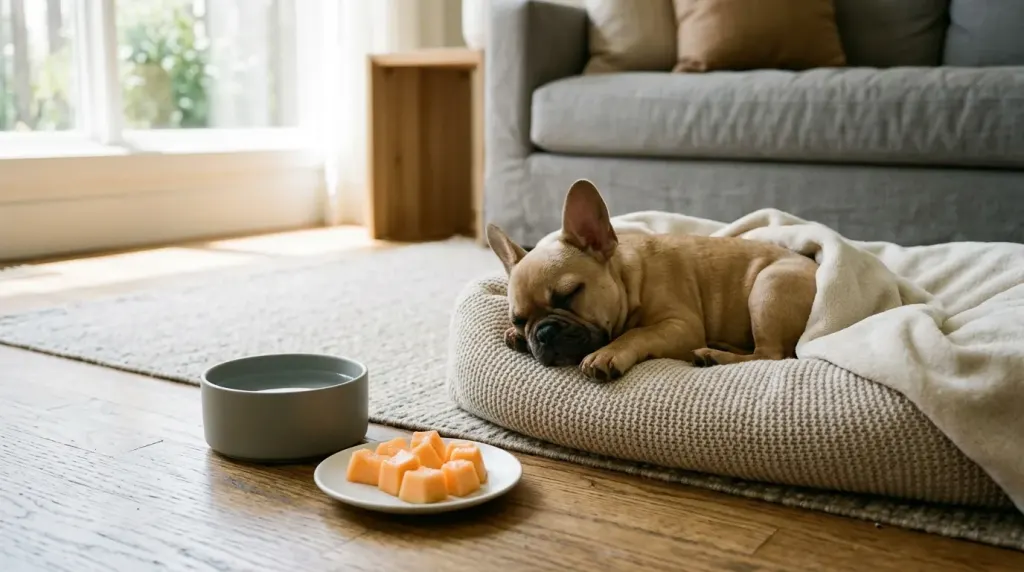 Human hands slicing peeled and deseeded cantaloupe into small bite-sized cubes for safe dog feeding.