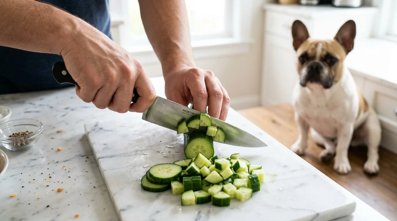 Slicing a fresh cucumber into small bite-sized cubes for safe dog feeding