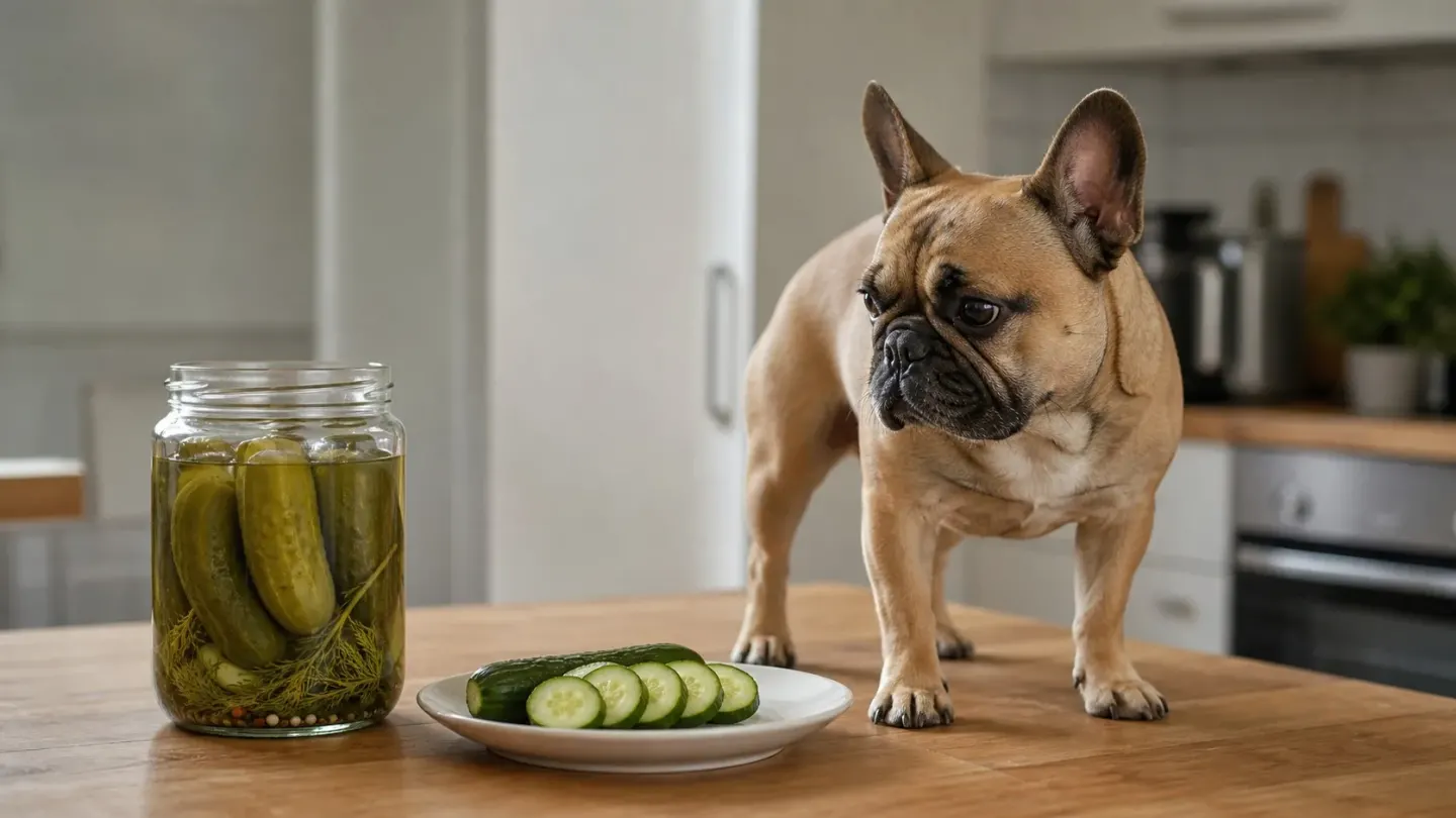 Plain fresh cucumber slices next to a pickle jar illustrating why pickled cucumbers are unsuitable for dogs