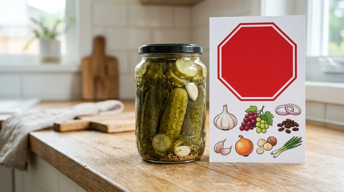 A jar of pickles next to a fresh cucumber, emphasizing the danger of feeding high-sodium pickled foods to dogs.