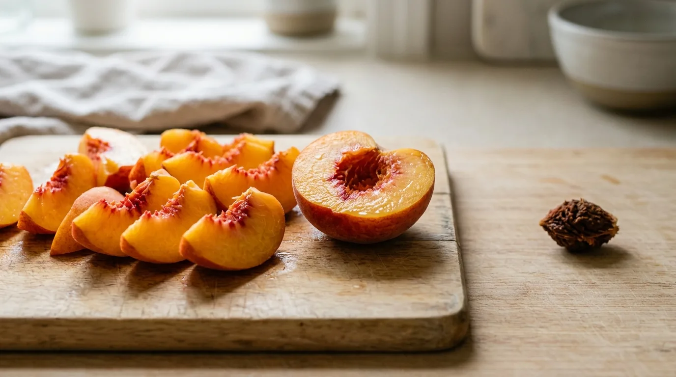 Freshly sliced peaches fruit on a cutting board with the pit completely removed for safe pet feeding