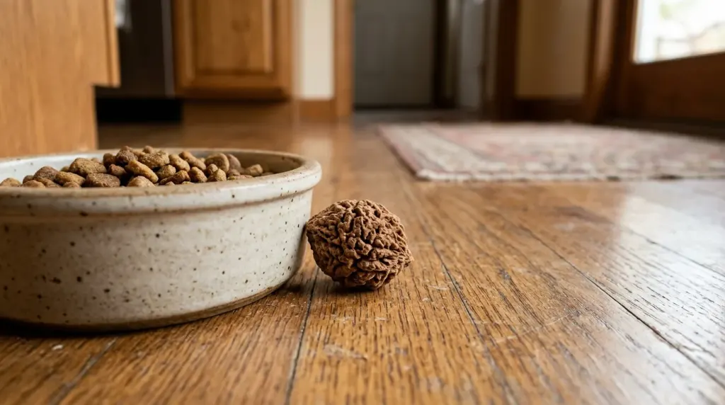 A rough peach pit placed next to a dog bowl, illustrating the choking hazard.