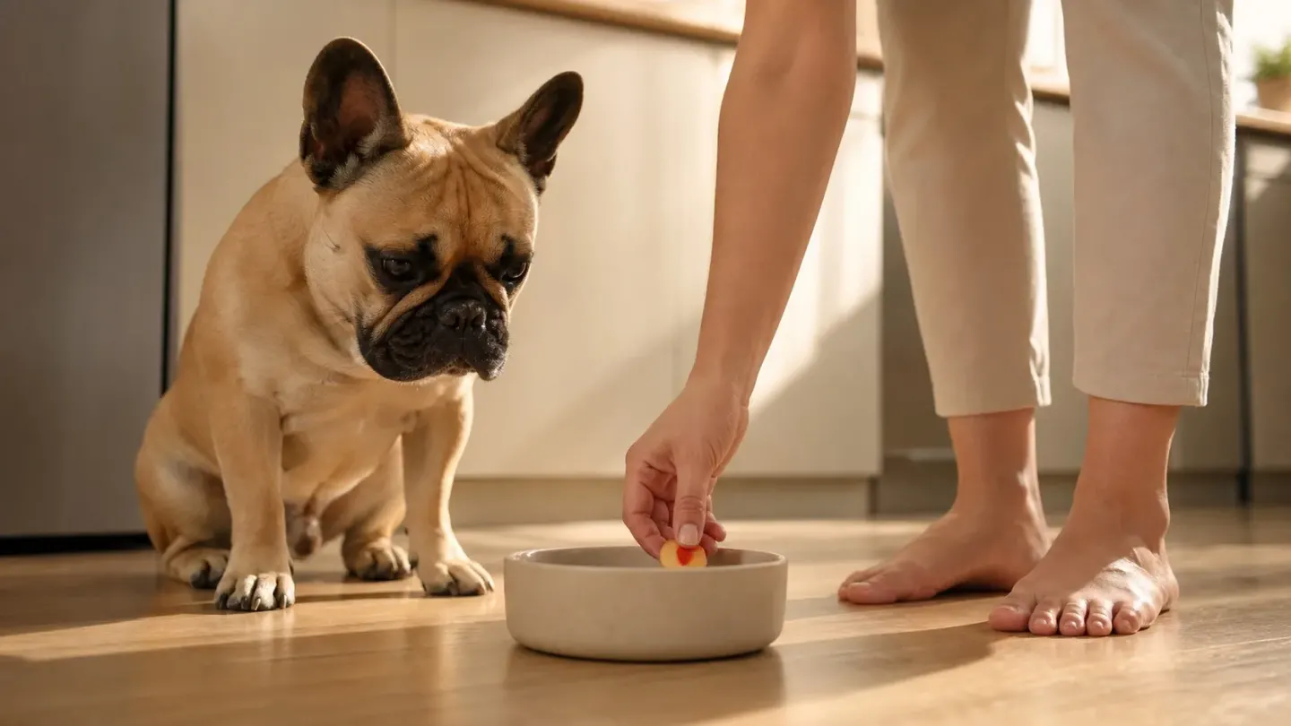 A dog owner serving a small, controlled portion of fresh peaches fruit treat to a French Bulldog