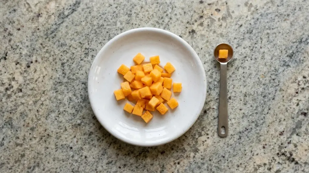 Bite-sized cubes of fresh peach flesh safely portioned for a dog on a saucer.
