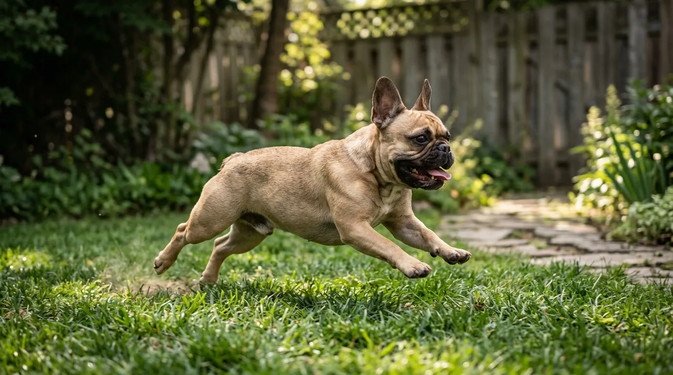 A French Bulldog running at top speed across grass during a controlled play session.