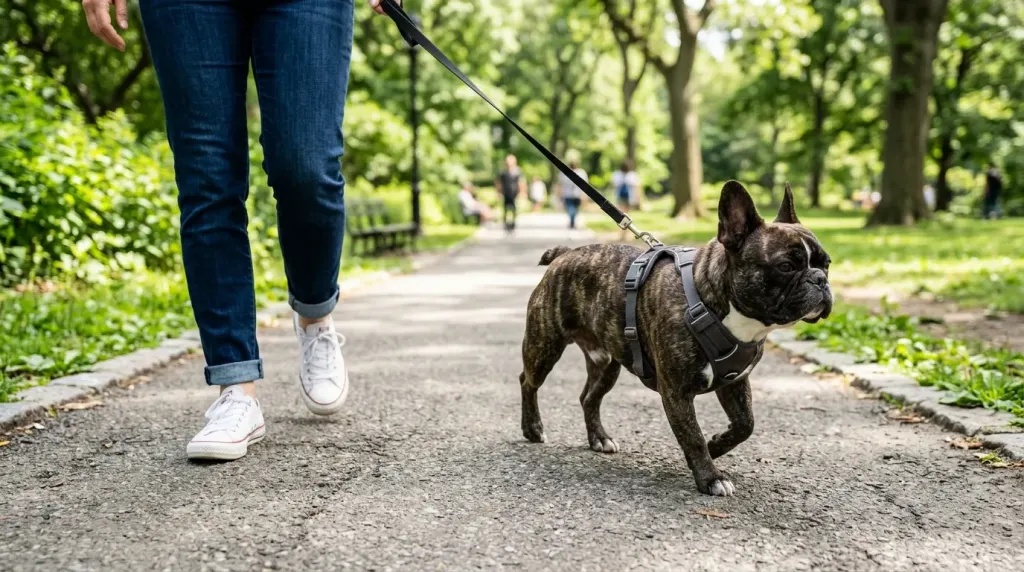 A French Bulldog walking on a secure harness in a park.